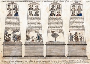 Een uitzicht op de obelisk opgericht onder Liberty-tree in Boston bij de vreugde over de intrekking van de Stamp Act 1766